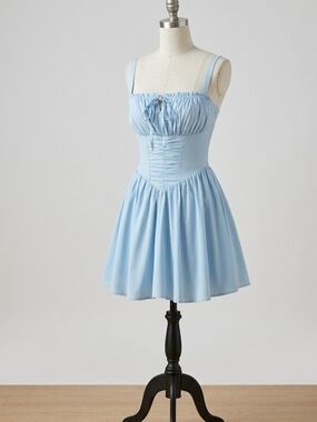 Soft Blue Corset-Front Mini Dress with Ruching